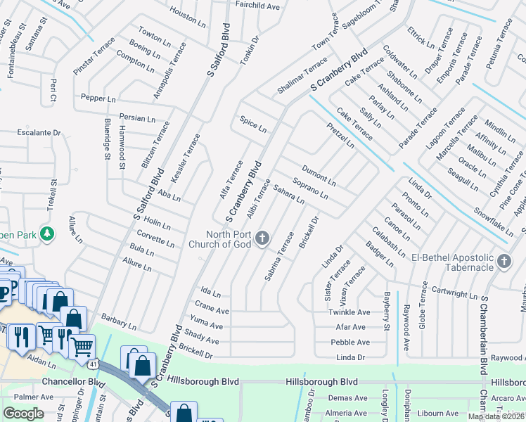 map of restaurants, bars, coffee shops, grocery stores, and more near 4702 Alibi Terrace in North Port