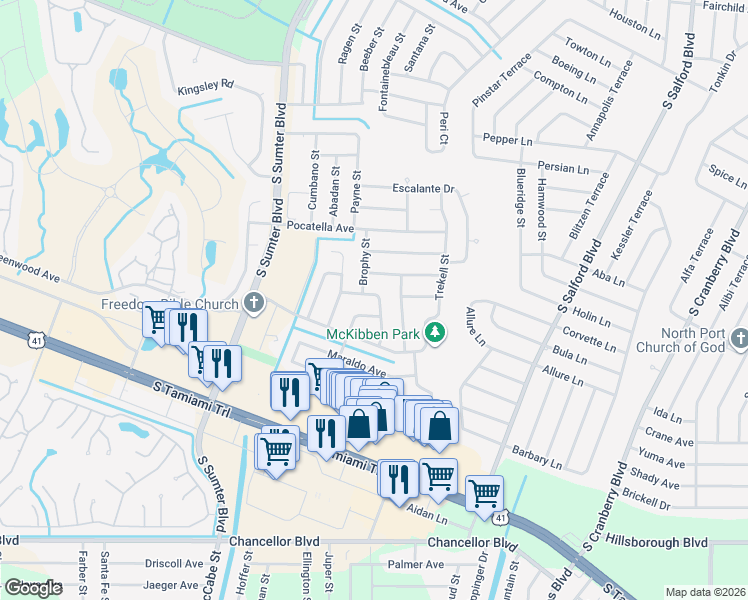 map of restaurants, bars, coffee shops, grocery stores, and more near 5360 Malamin Road in North Port