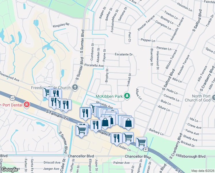 map of restaurants, bars, coffee shops, grocery stores, and more near 5269 Malamin Road in North Port