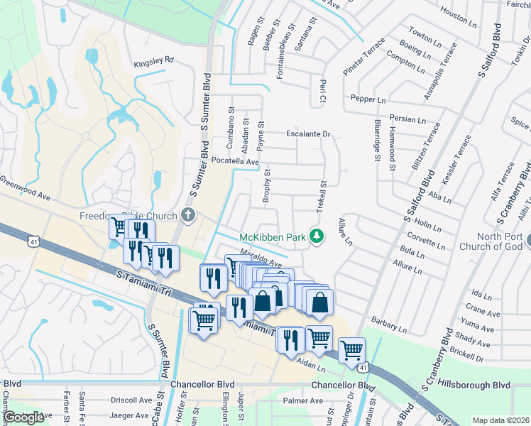 map of restaurants, bars, coffee shops, grocery stores, and more near 5269 Malamin Road in North Port