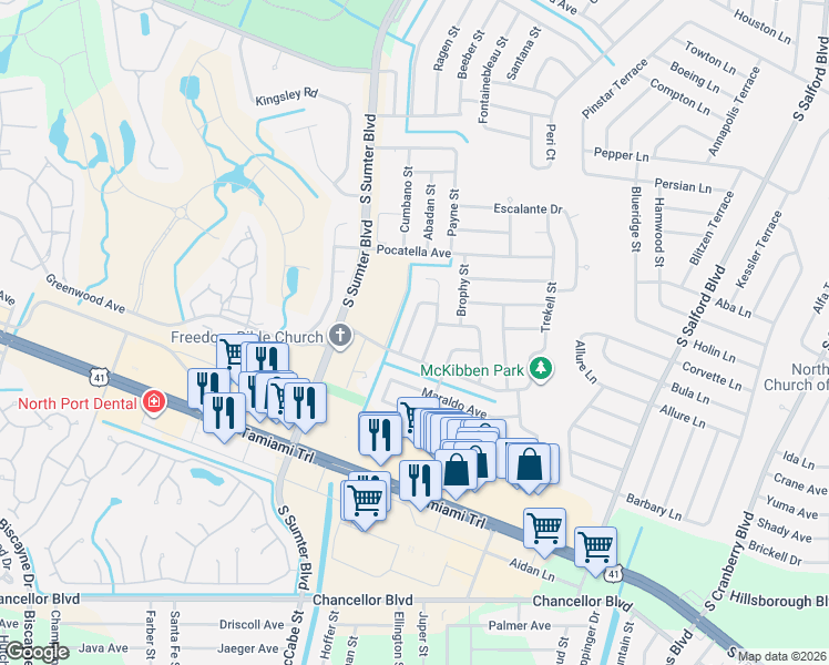 map of restaurants, bars, coffee shops, grocery stores, and more near 5388 Densaw Road in North Port