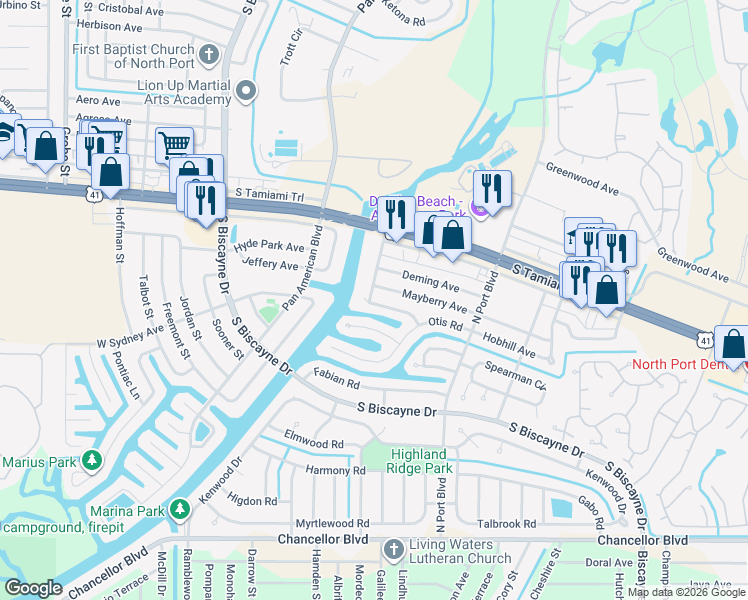 map of restaurants, bars, coffee shops, grocery stores, and more near 6311 Morning Avenue in North Port