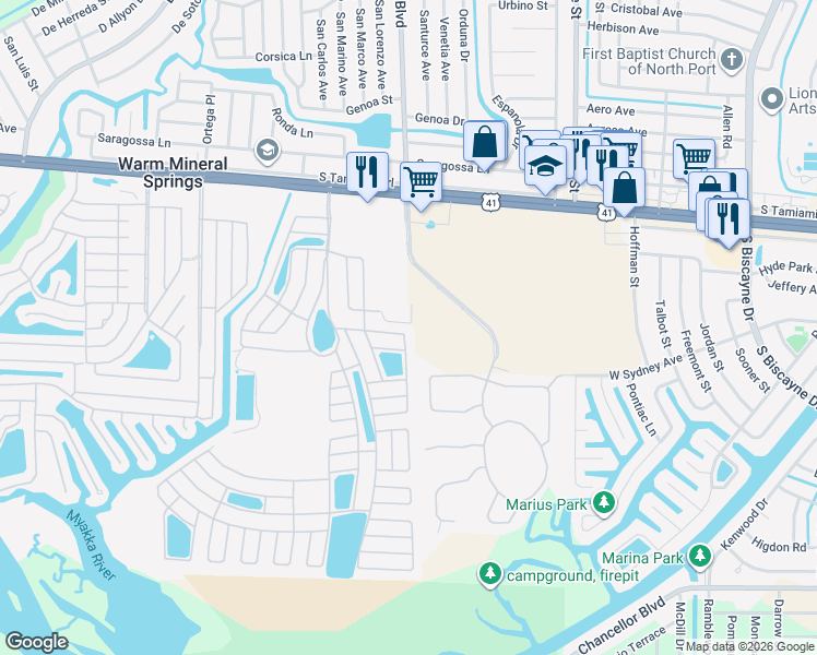 map of restaurants, bars, coffee shops, grocery stores, and more near 435 Loma Linda in North Port