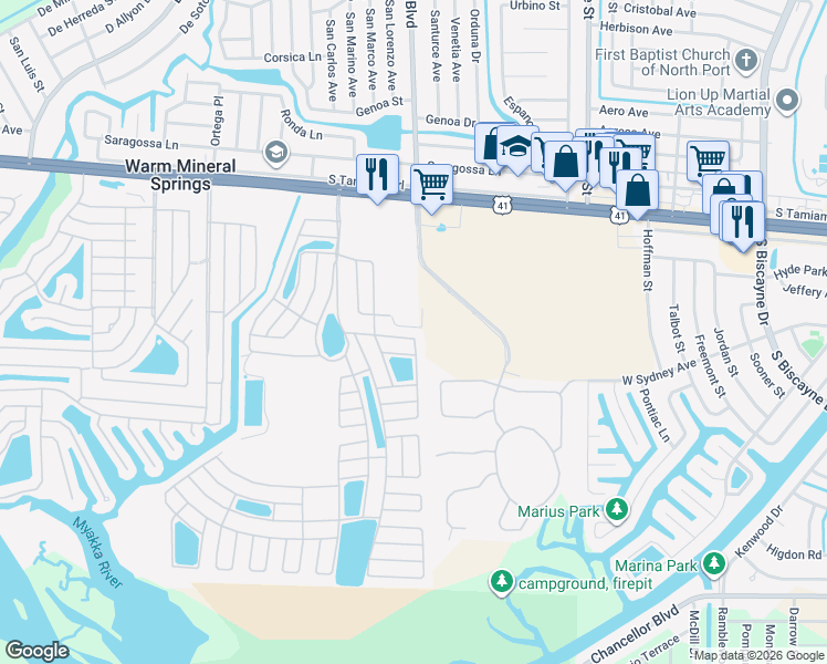 map of restaurants, bars, coffee shops, grocery stores, and more near 435 Loma Linda in North Port