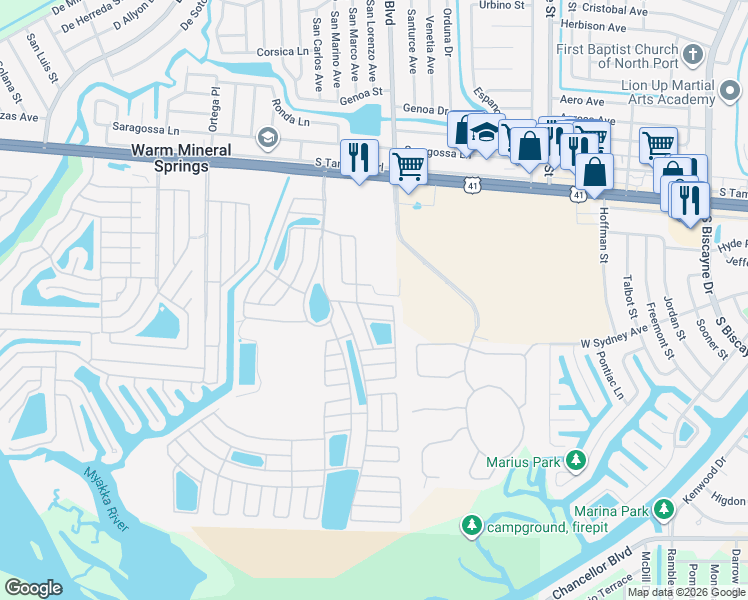 map of restaurants, bars, coffee shops, grocery stores, and more near 435 Loma Linda in North Port