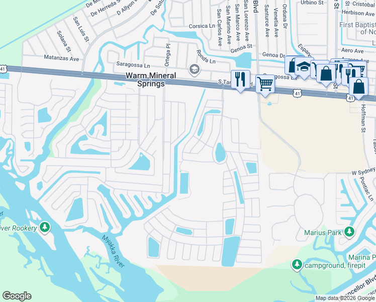 map of restaurants, bars, coffee shops, grocery stores, and more near 341 La Rosas in North Port