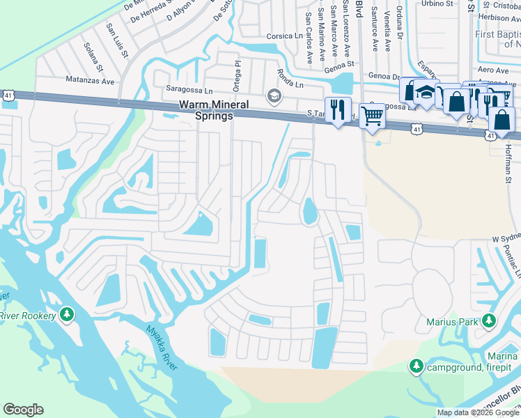 map of restaurants, bars, coffee shops, grocery stores, and more near 341 La Rosas in North Port