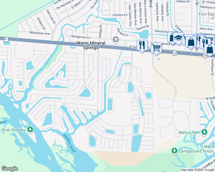 map of restaurants, bars, coffee shops, grocery stores, and more near 341 La Rosas in North Port