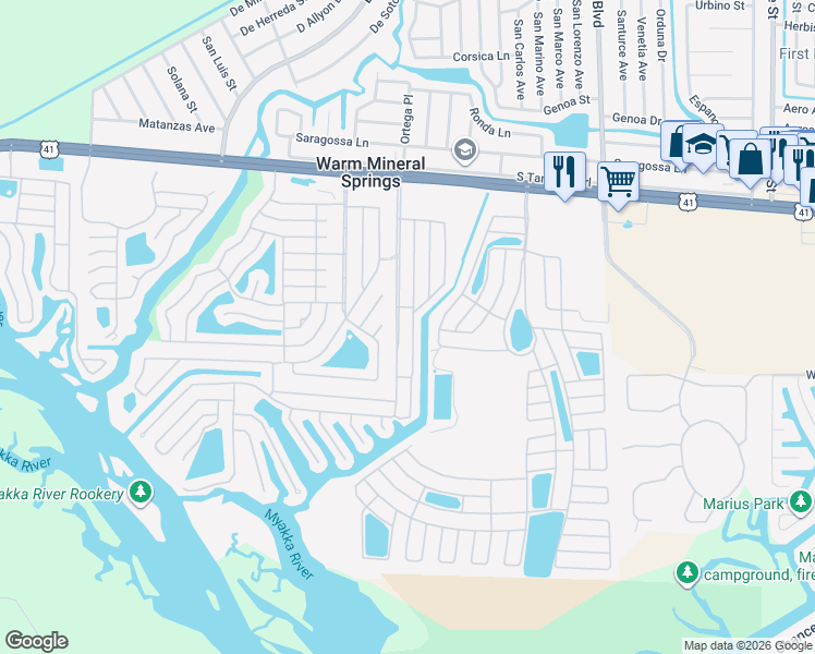 map of restaurants, bars, coffee shops, grocery stores, and more near 330 Trailorama Drive in North Port