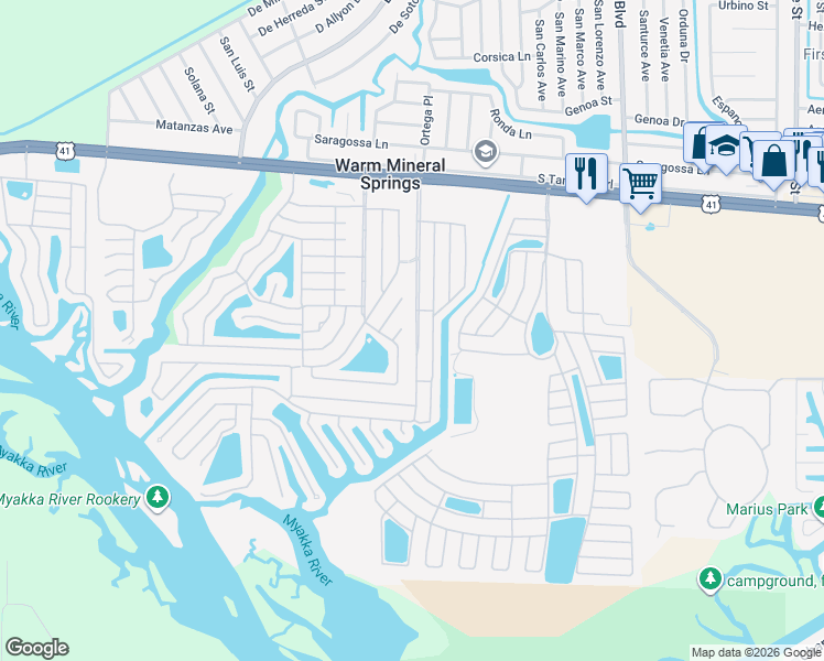 map of restaurants, bars, coffee shops, grocery stores, and more near 330 Trailorama Drive in North Port