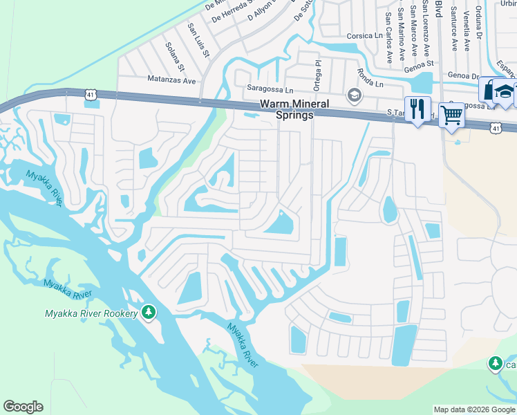 map of restaurants, bars, coffee shops, grocery stores, and more near 192 Palm Harbor Drive in Venice
