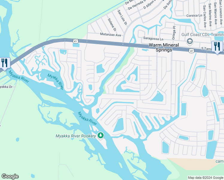 map of restaurants, bars, coffee shops, grocery stores, and more near 551 Amberjack Drive in Venice