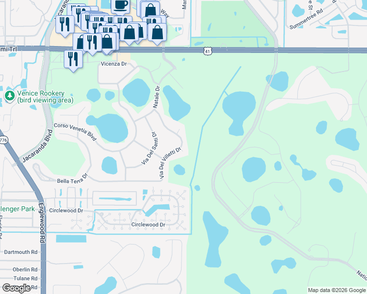 map of restaurants, bars, coffee shops, grocery stores, and more near 4423 Via Del Villetti Drive in Venice