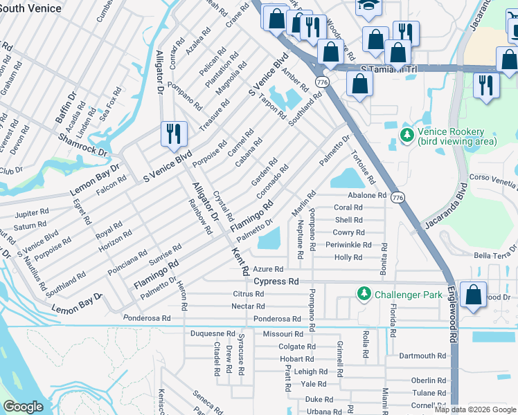 map of restaurants, bars, coffee shops, grocery stores, and more near 605 Flamingo Road in Venice