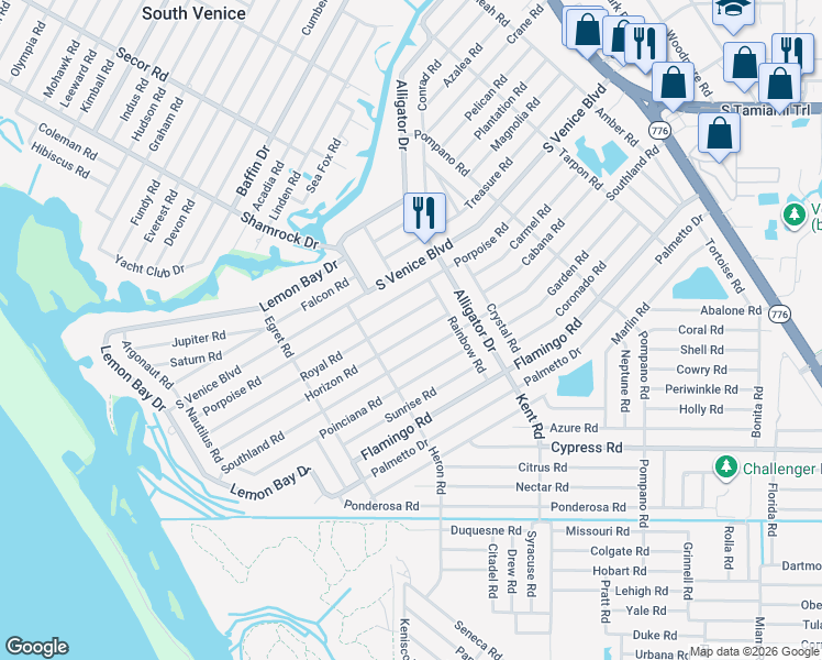 map of restaurants, bars, coffee shops, grocery stores, and more near 950 Horizon Road in Venice