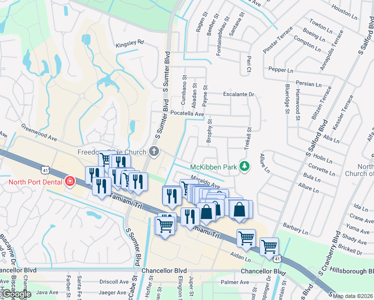 map of restaurants, bars, coffee shops, grocery stores, and more near 5388 Densaw Road in North Port