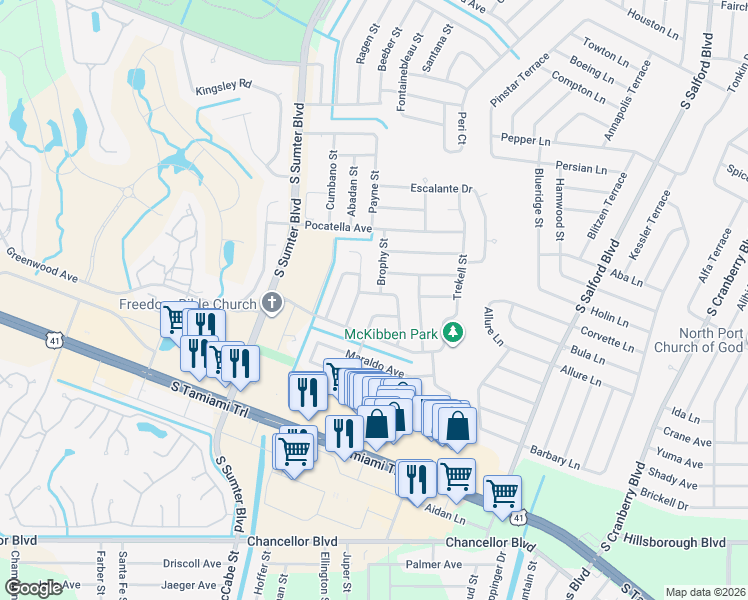 map of restaurants, bars, coffee shops, grocery stores, and more near 5269 Malamin Road in North Port