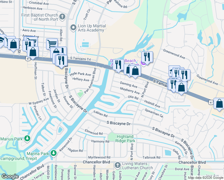 map of restaurants, bars, coffee shops, grocery stores, and more near 6282 Morning Avenue in North Port