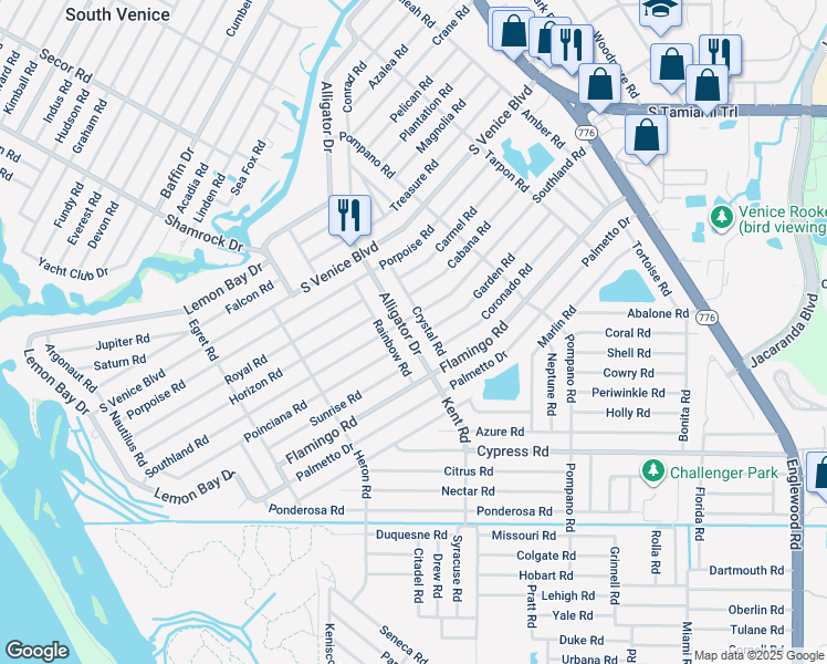 map of restaurants, bars, coffee shops, grocery stores, and more near 4655 Alligator Drive in Venice