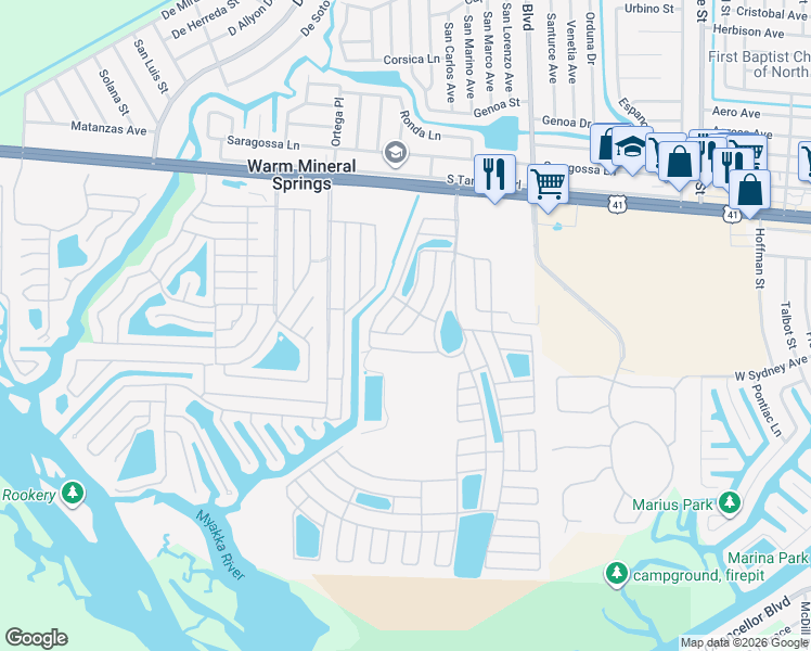 map of restaurants, bars, coffee shops, grocery stores, and more near 312 La Rosas in North Port