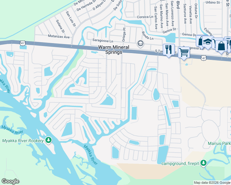 map of restaurants, bars, coffee shops, grocery stores, and more near 46 Compass Point in North Port