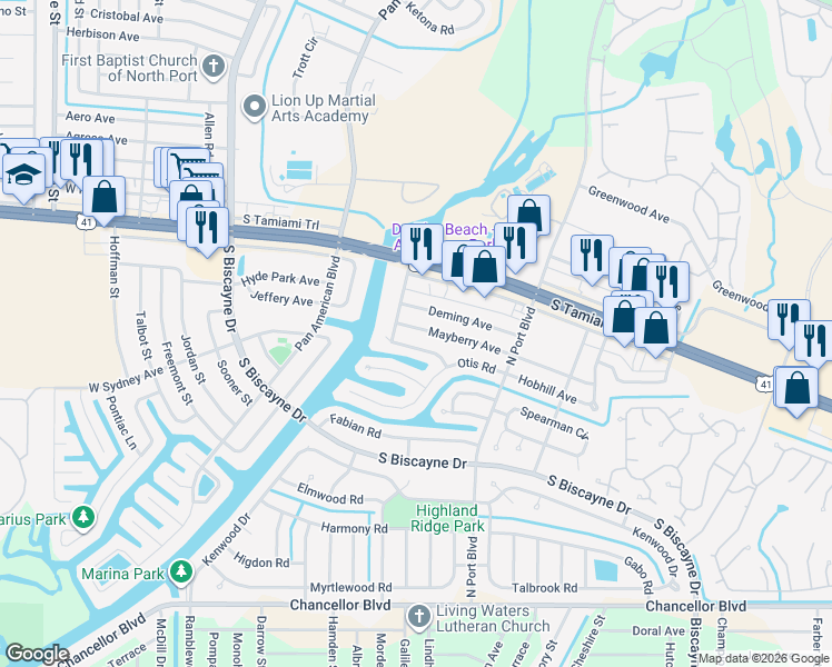 map of restaurants, bars, coffee shops, grocery stores, and more near 6242 Morning Avenue in North Port