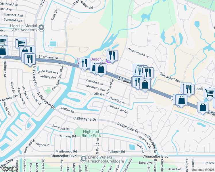 map of restaurants, bars, coffee shops, grocery stores, and more near 6025 Deming Avenue in North Port