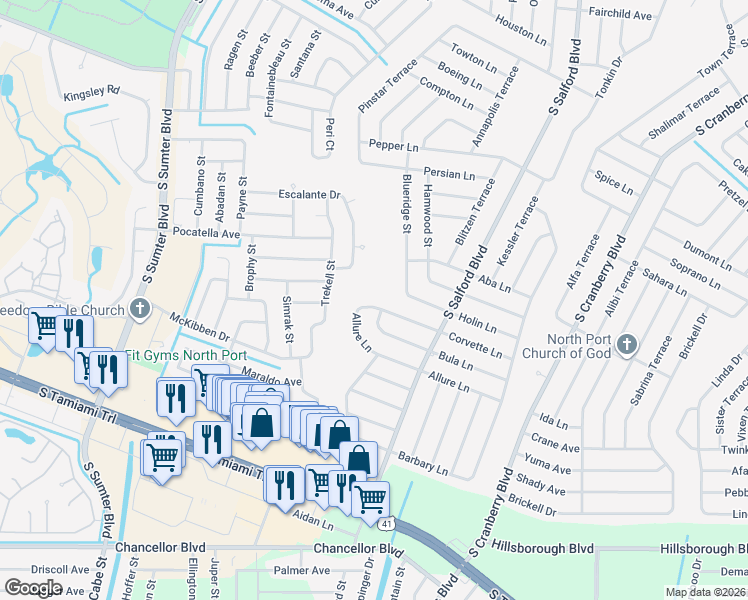 map of restaurants, bars, coffee shops, grocery stores, and more near 4153 Corvette Lane in North Port