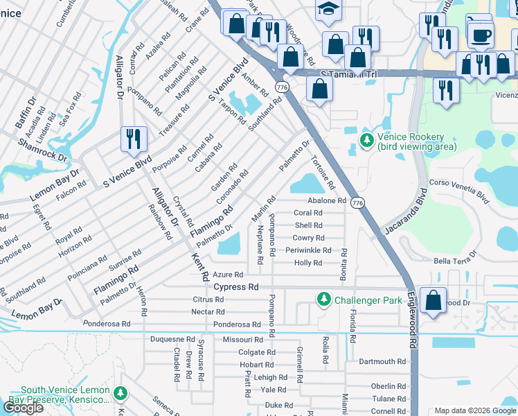 map of restaurants, bars, coffee shops, grocery stores, and more near 4616 Pompano Road in Venice