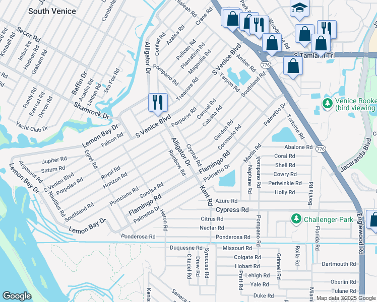 map of restaurants, bars, coffee shops, grocery stores, and more near 4655 Alligator Drive in Venice