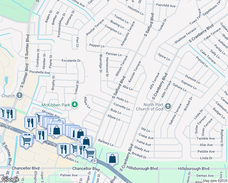 map of restaurants, bars, coffee shops, grocery stores, and more near 4901 South Salford Boulevard in North Port