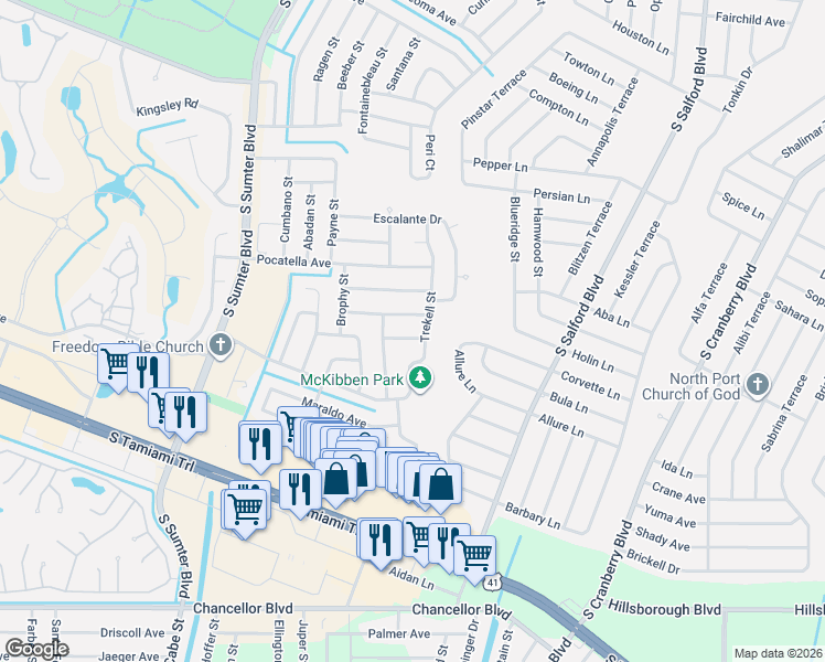 map of restaurants, bars, coffee shops, grocery stores, and more near 4243 Hokan Avenue in North Port