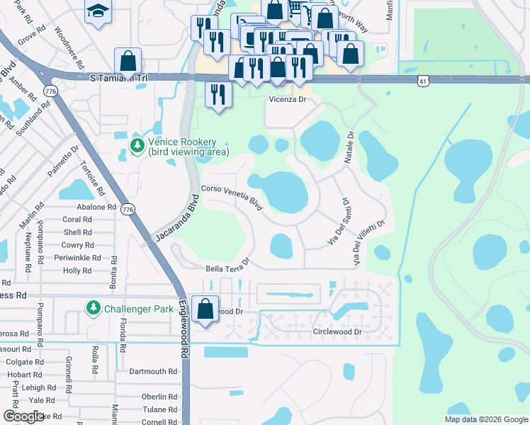 map of restaurants, bars, coffee shops, grocery stores, and more near 4959 Bella Terra Drive in Venice