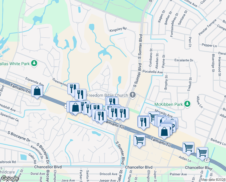 map of restaurants, bars, coffee shops, grocery stores, and more near 5992 Panorama Lane in North Port