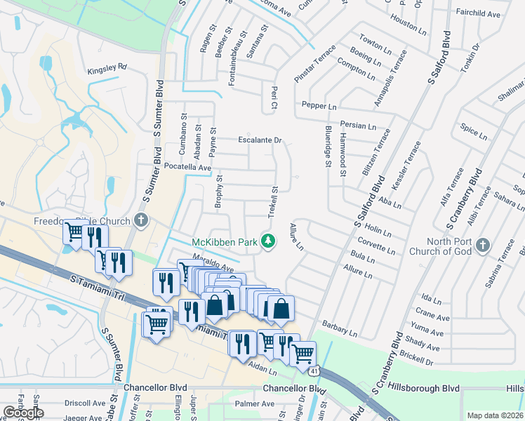 map of restaurants, bars, coffee shops, grocery stores, and more near 4243 Hokan Avenue in North Port