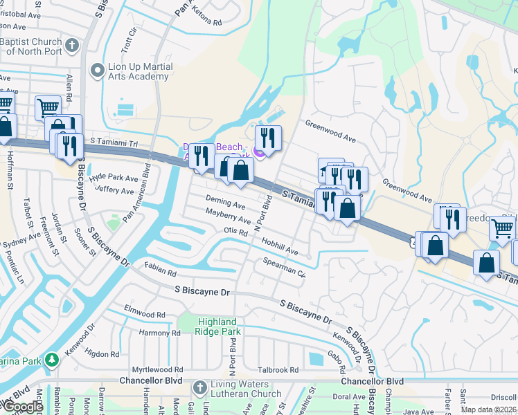 map of restaurants, bars, coffee shops, grocery stores, and more near 6046 Mayberry Avenue in North Port