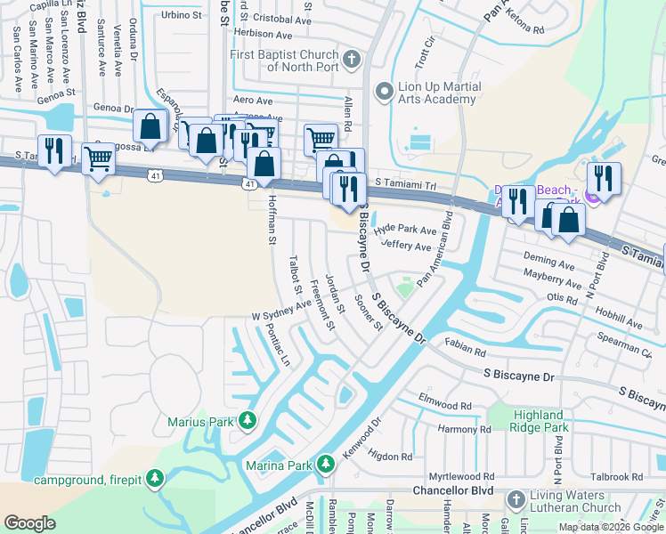 map of restaurants, bars, coffee shops, grocery stores, and more near 6222 Jordan Street in North Port