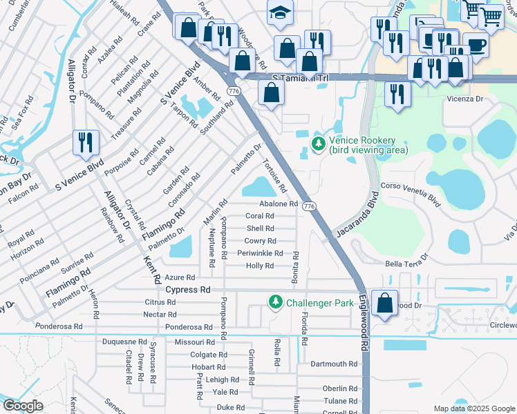 map of restaurants, bars, coffee shops, grocery stores, and more near 163 Coral Road in Venice