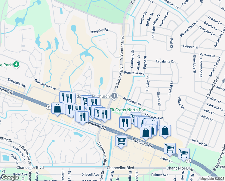 map of restaurants, bars, coffee shops, grocery stores, and more near in North Port