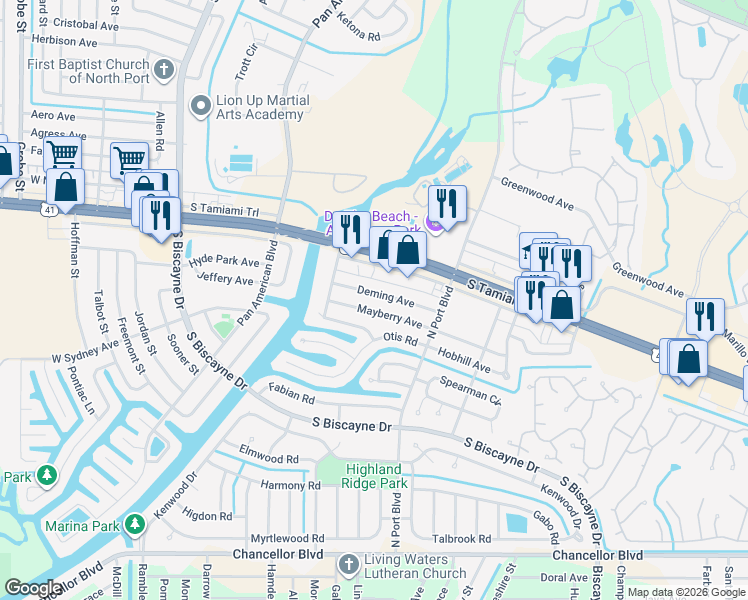 map of restaurants, bars, coffee shops, grocery stores, and more near 6143 Mayberry Avenue in North Port