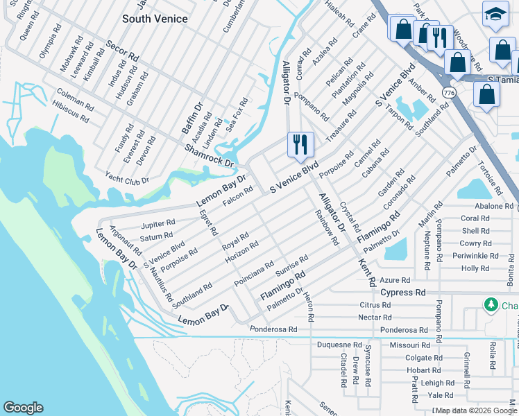 map of restaurants, bars, coffee shops, grocery stores, and more near 1046 Royal Road in Venice