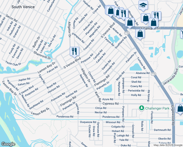 map of restaurants, bars, coffee shops, grocery stores, and more near 4541 Crystal Road in Venice