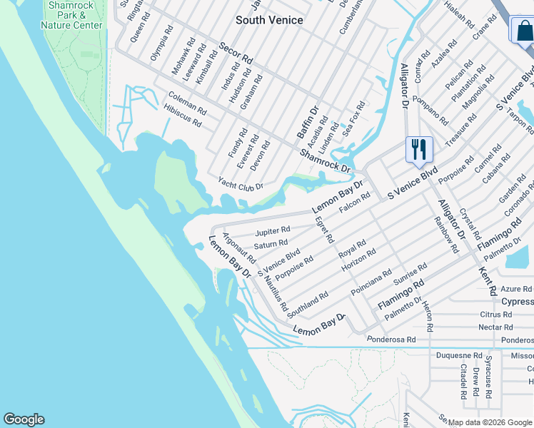 map of restaurants, bars, coffee shops, grocery stores, and more near 1500 Lemon Bay Drive in Venice