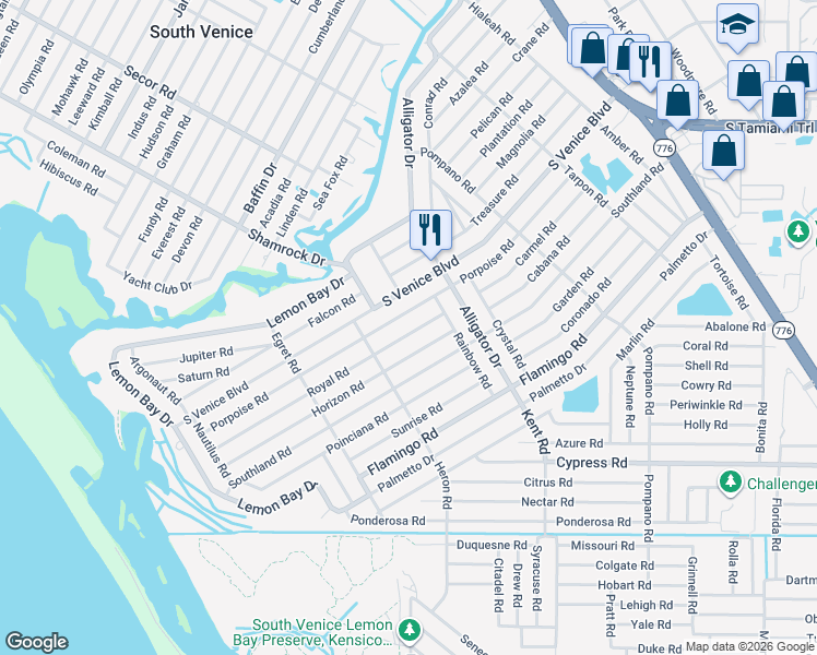 map of restaurants, bars, coffee shops, grocery stores, and more near 870 Porpoise Road in Venice
