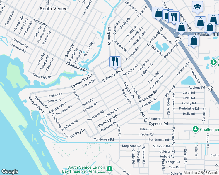 map of restaurants, bars, coffee shops, grocery stores, and more near 870 Porpoise Road in Venice