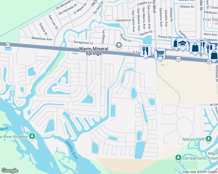 map of restaurants, bars, coffee shops, grocery stores, and more near 303 Marlette Drive in North Port
