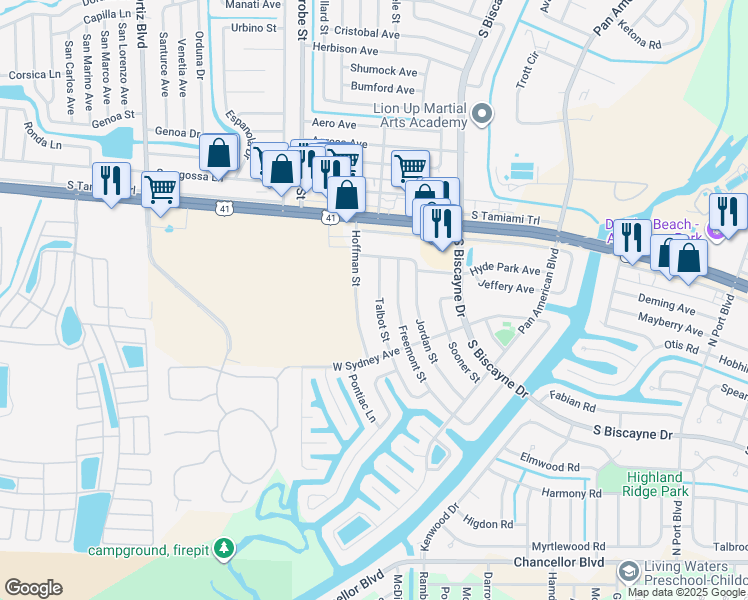 map of restaurants, bars, coffee shops, grocery stores, and more near 6177 Talbot Street in North Port