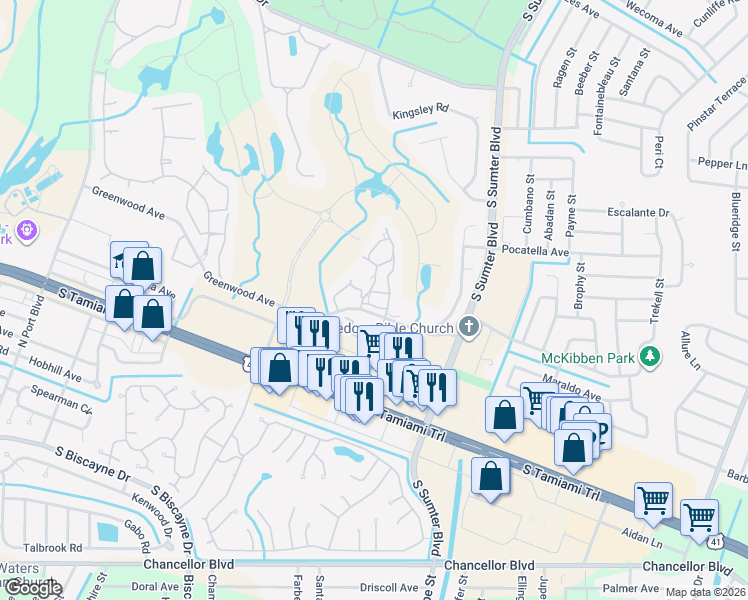 map of restaurants, bars, coffee shops, grocery stores, and more near 5624 Mashie Circle in North Port