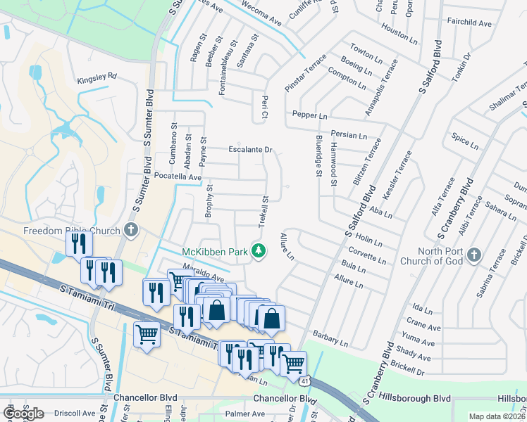map of restaurants, bars, coffee shops, grocery stores, and more near 5242 Trekell Street in North Port