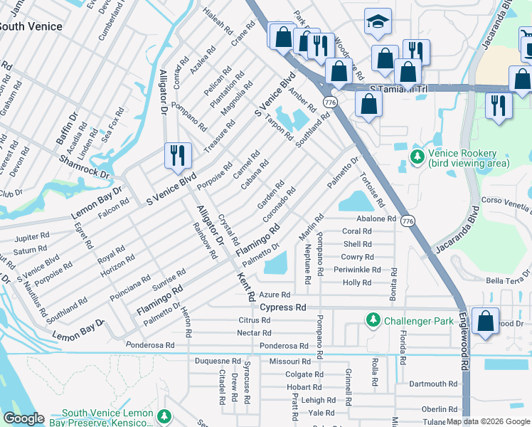map of restaurants, bars, coffee shops, grocery stores, and more near 485 Garden Road in Venice